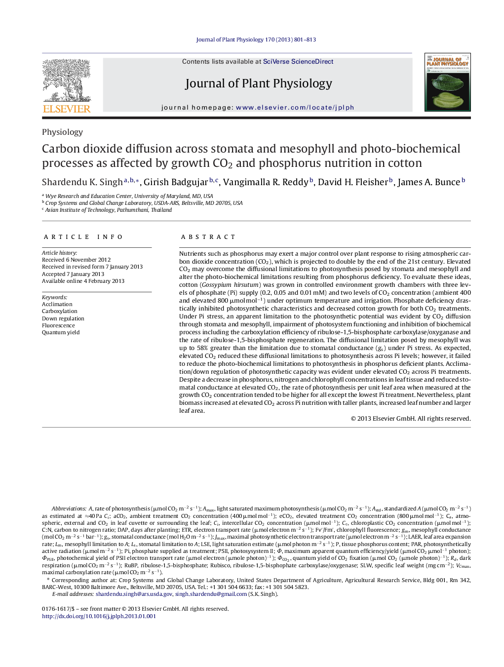 Carbon dioxide diffusion across stomata and mesophyll and photo-biochemical processes as affected by growth CO2 and phosphorus nutrition in cotton