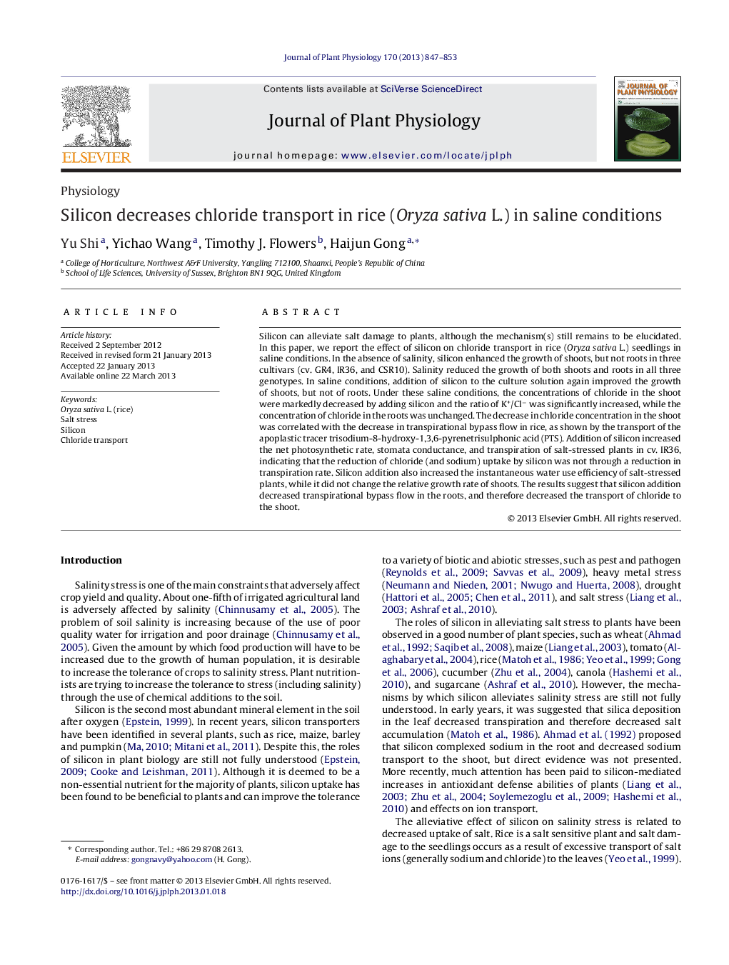 Silicon decreases chloride transport in rice (Oryza sativa L.) in saline conditions