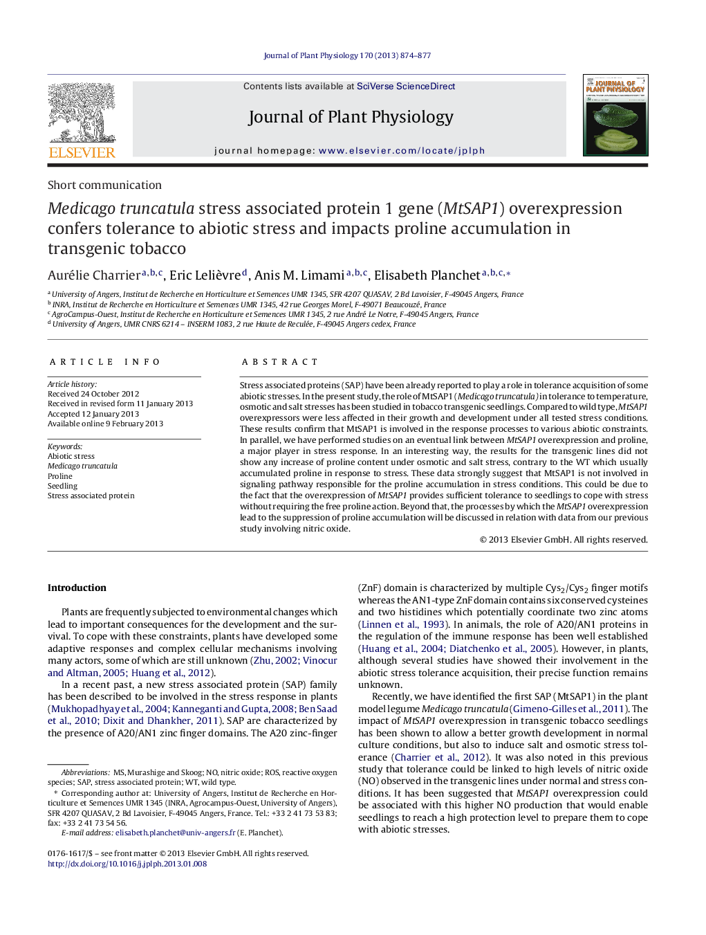 Medicago truncatula stress associated protein 1 gene (MtSAP1) overexpression confers tolerance to abiotic stress and impacts proline accumulation in transgenic tobacco