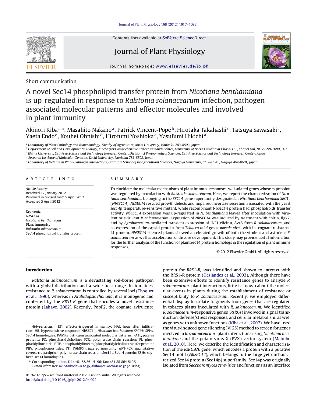 A novel Sec14 phospholipid transfer protein from Nicotiana benthamiana is up-regulated in response to Ralstonia solanacearum infection, pathogen associated molecular patterns and effector molecules and involved in plant immunity