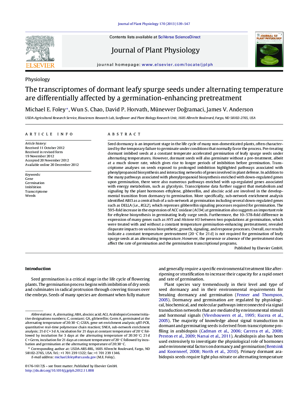 The transcriptomes of dormant leafy spurge seeds under alternating temperature are differentially affected by a germination-enhancing pretreatment