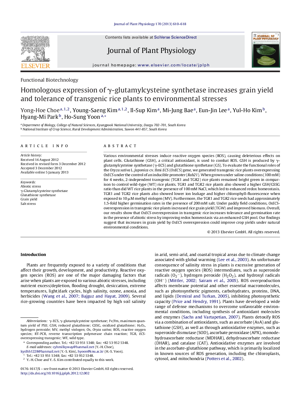 Homologous expression of γ-glutamylcysteine synthetase increases grain yield and tolerance of transgenic rice plants to environmental stresses