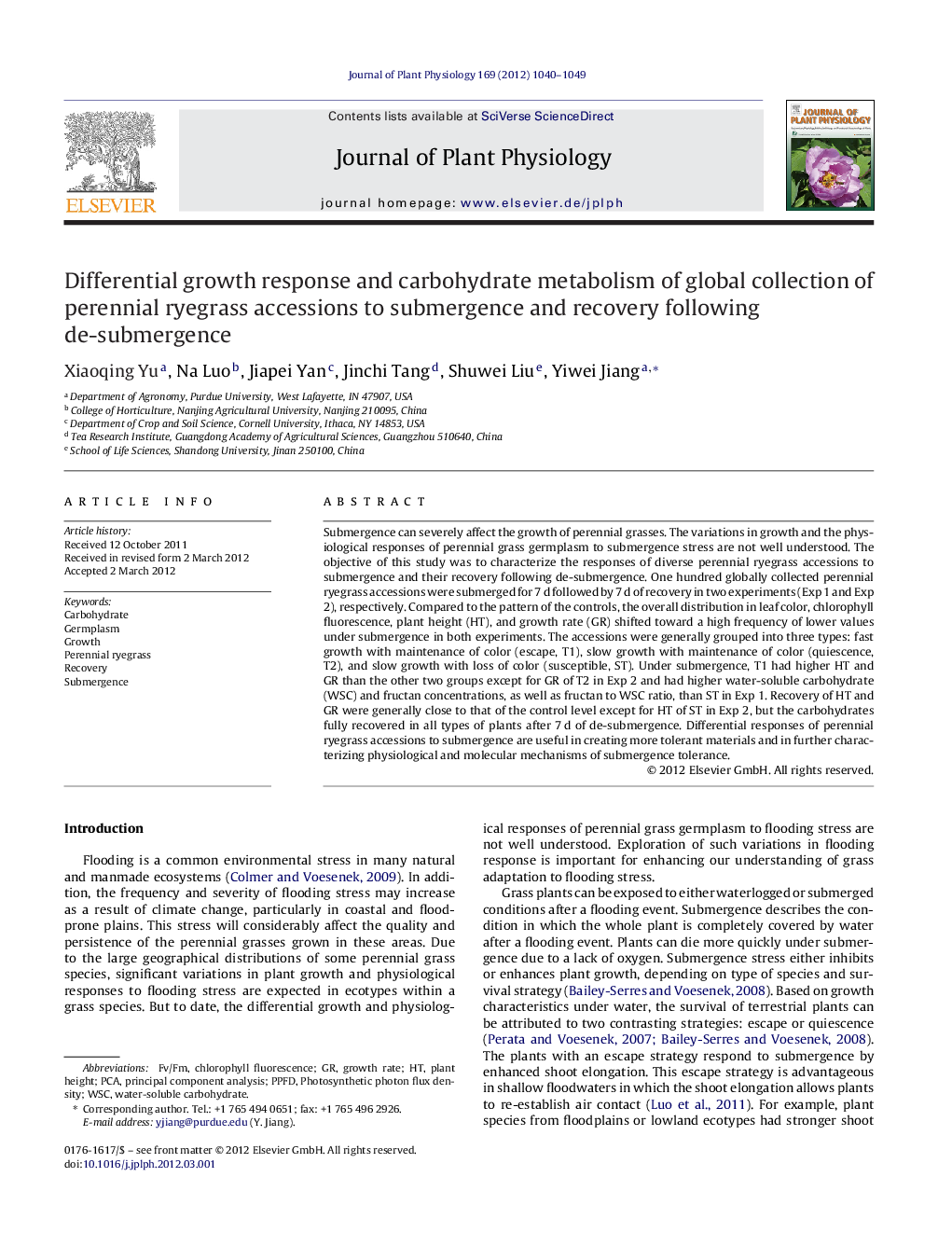 Differential growth response and carbohydrate metabolism of global collection of perennial ryegrass accessions to submergence and recovery following de-submergence