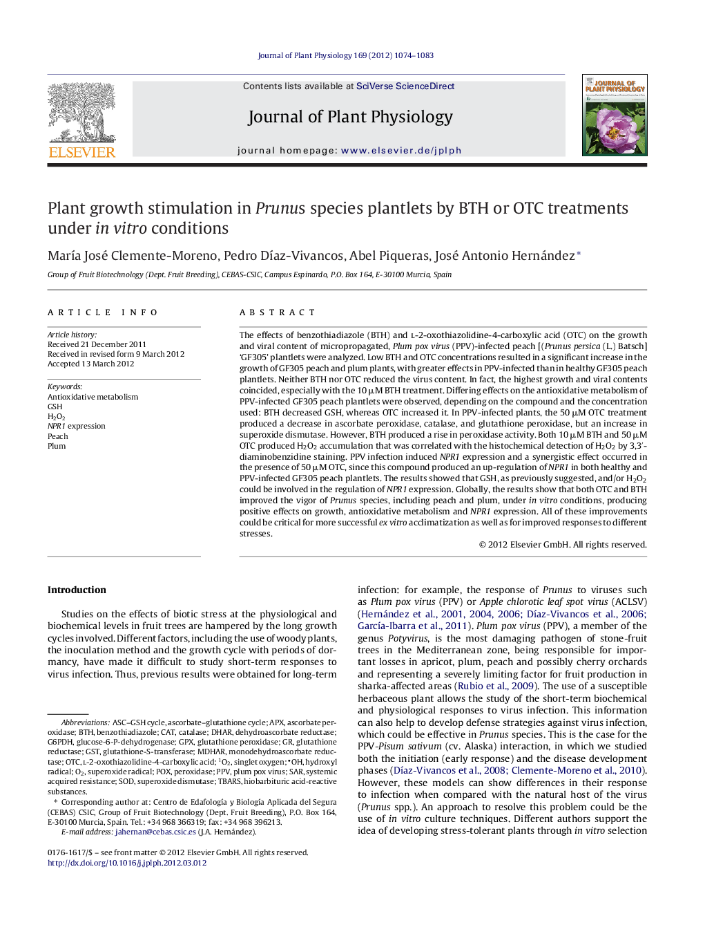 Plant growth stimulation in Prunus species plantlets by BTH or OTC treatments under in vitro conditions