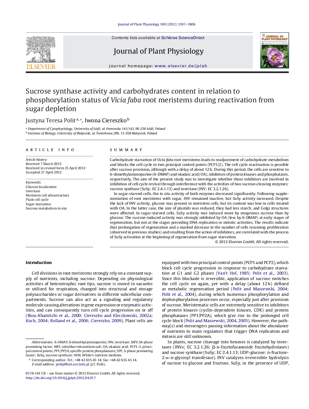 Sucrose synthase activity and carbohydrates content in relation to phosphorylation status of Vicia faba root meristems during reactivation from sugar depletion