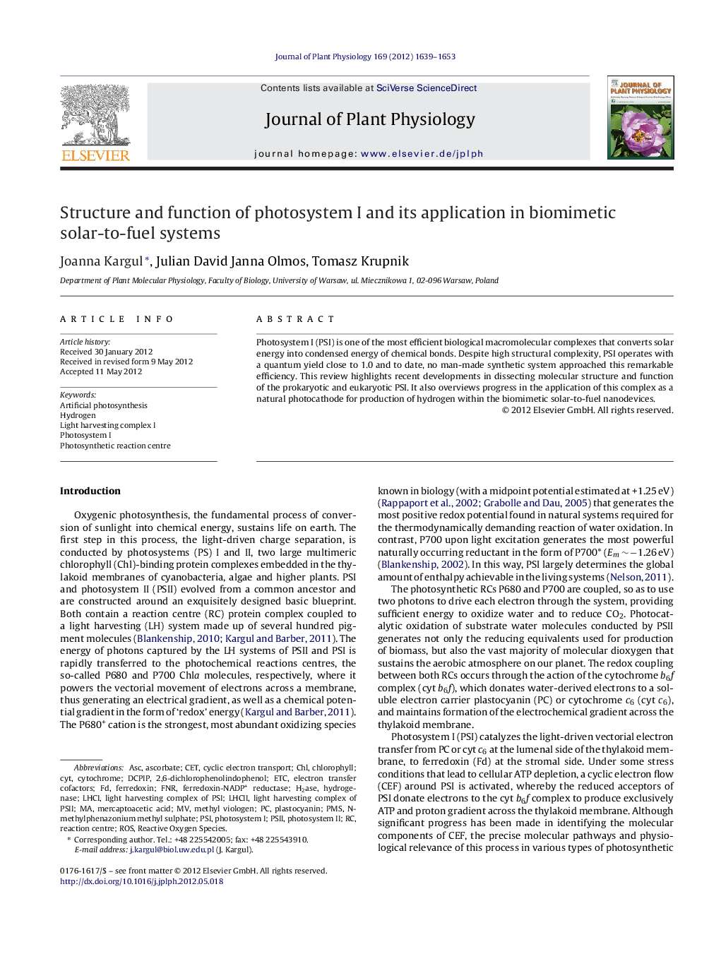 Structure and function of photosystem I and its application in biomimetic solar-to-fuel systems