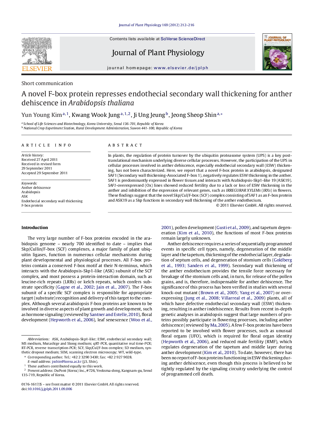 A novel F-box protein represses endothecial secondary wall thickening for anther dehiscence in Arabidopsis thaliana