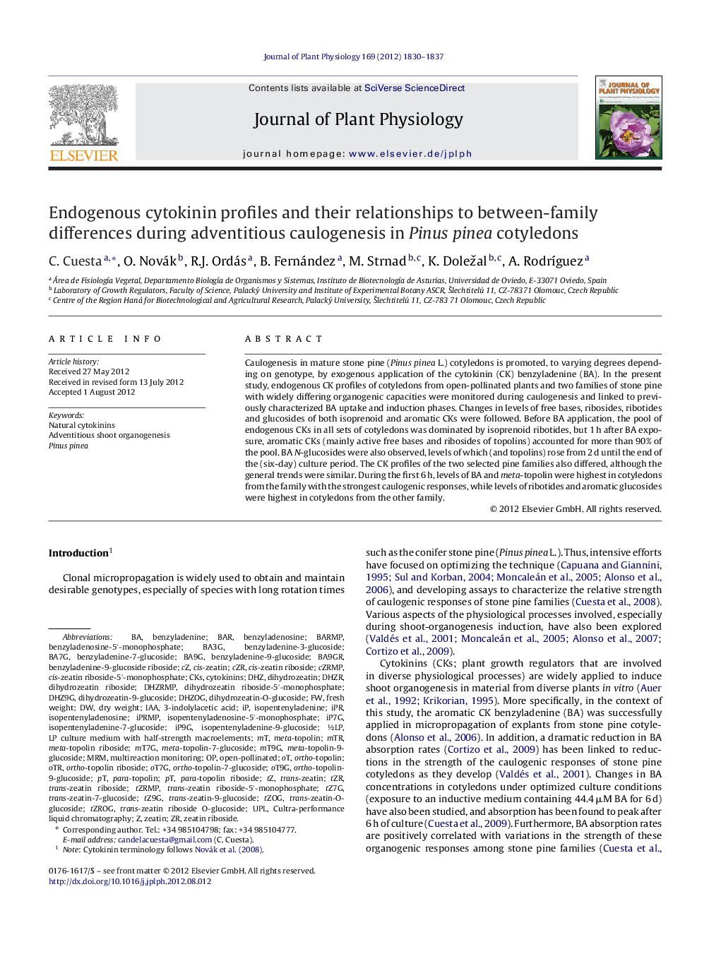 Endogenous cytokinin profiles and their relationships to between-family differences during adventitious caulogenesis in Pinus pinea cotyledons