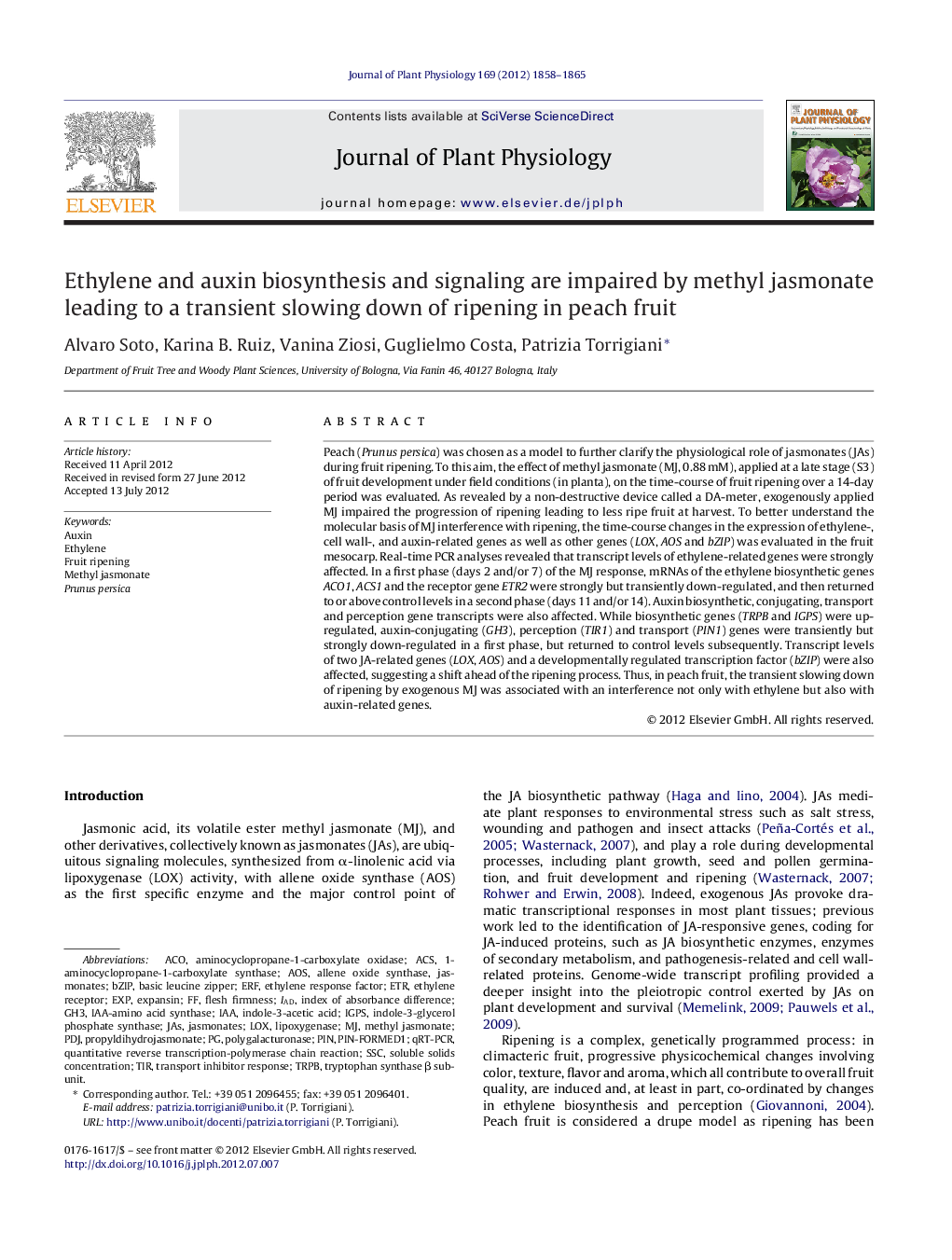 Ethylene and auxin biosynthesis and signaling are impaired by methyl jasmonate leading to a transient slowing down of ripening in peach fruit