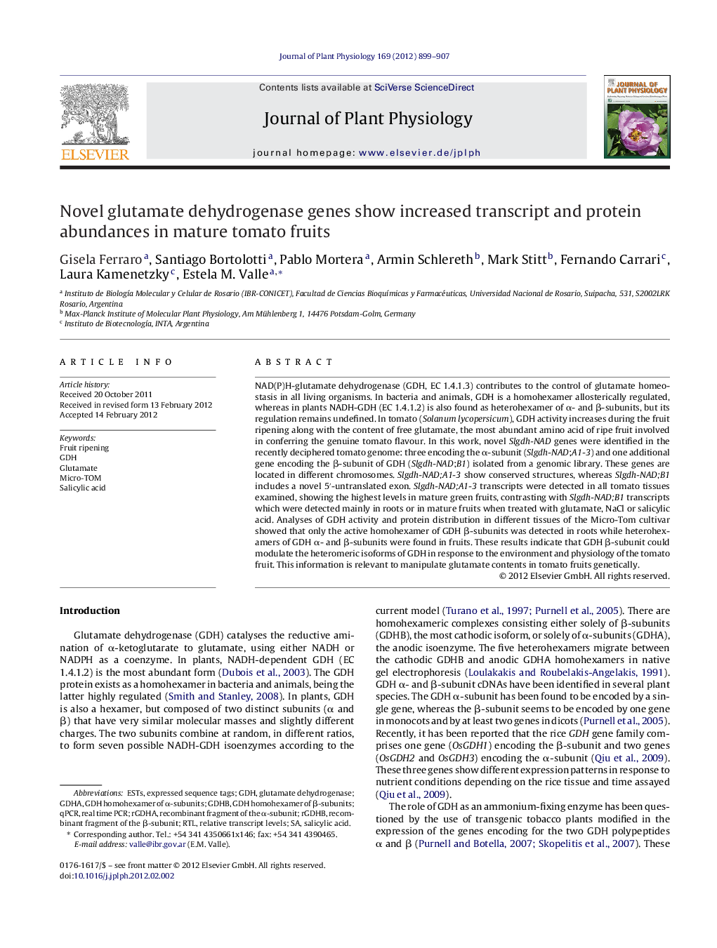 Novel glutamate dehydrogenase genes show increased transcript and protein abundances in mature tomato fruits