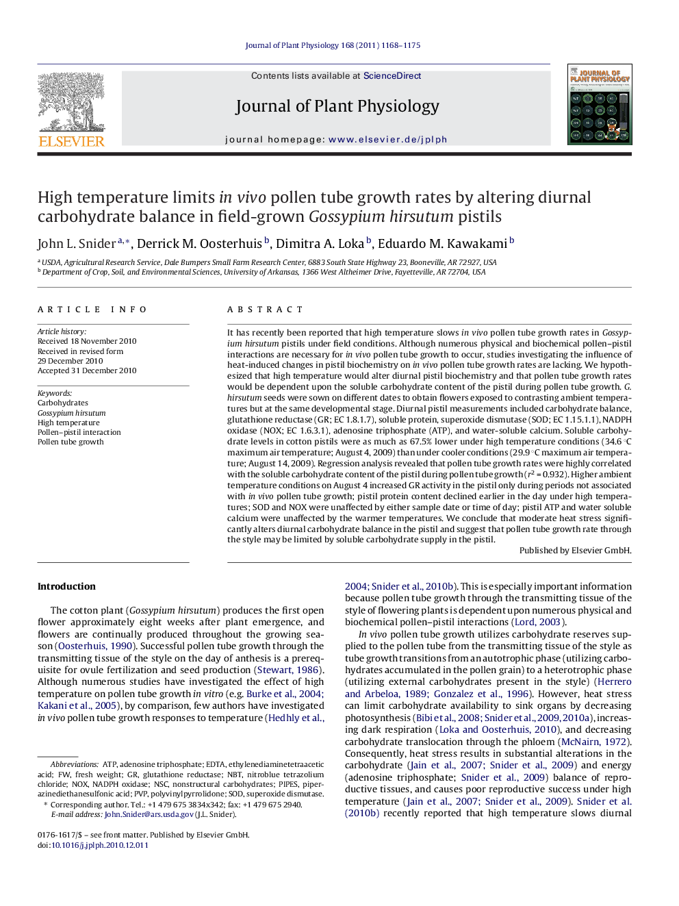 High temperature limits in vivo pollen tube growth rates by altering diurnal carbohydrate balance in field-grown Gossypium hirsutum pistils