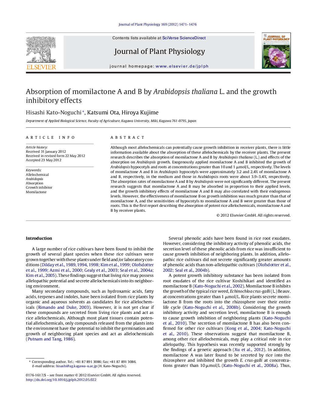 Absorption of momilactone A and B by Arabidopsis thaliana L. and the growth inhibitory effects