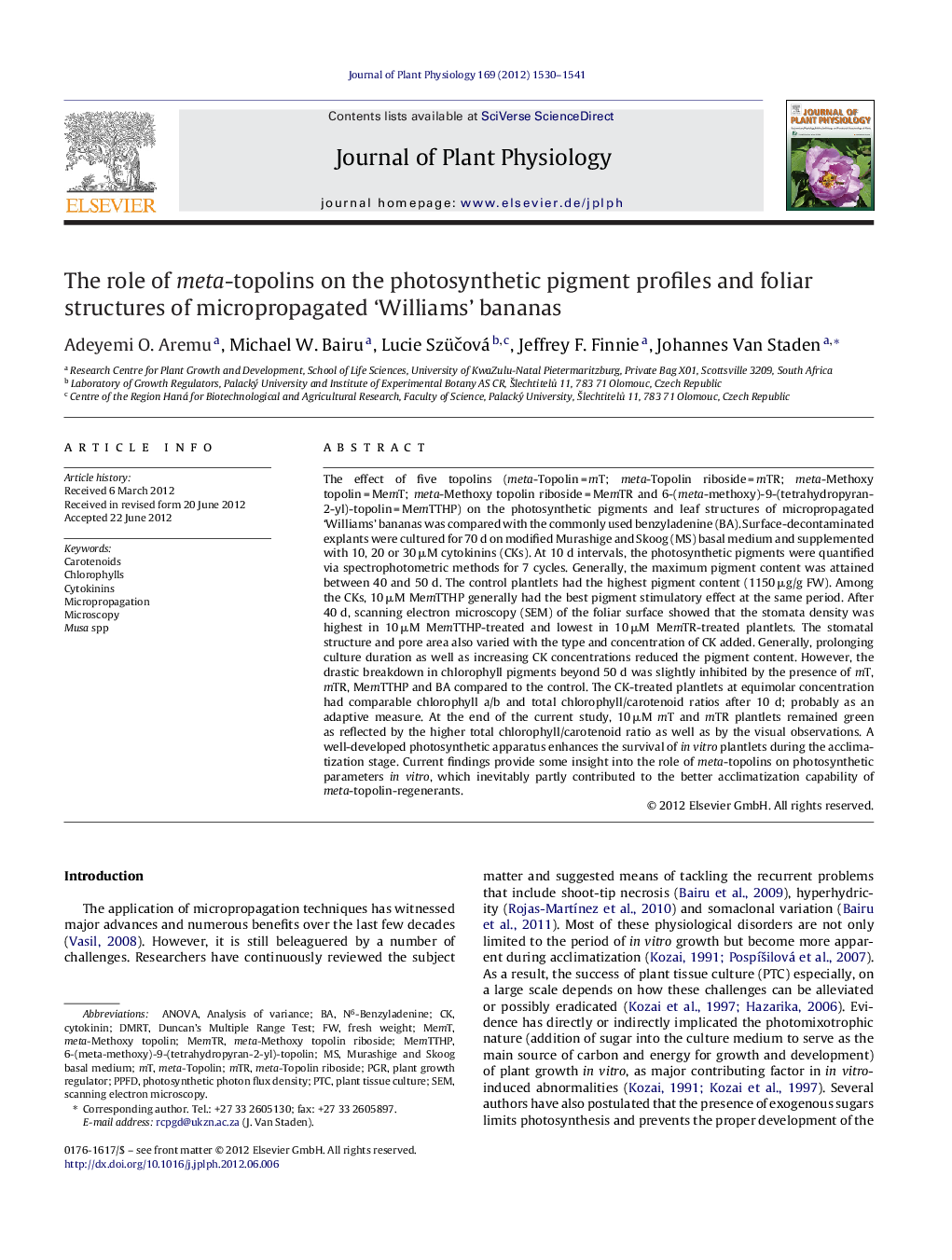 عکس صفحه اول مقاله: The role of meta-topolins on the photosynthetic pigment profiles and foliar structures of micropropagated ‘Williams’ bananas The role of meta-topolins on the photosynthetic pigment profiles and foliar structures of micropropagated ‘Williams’ bananas