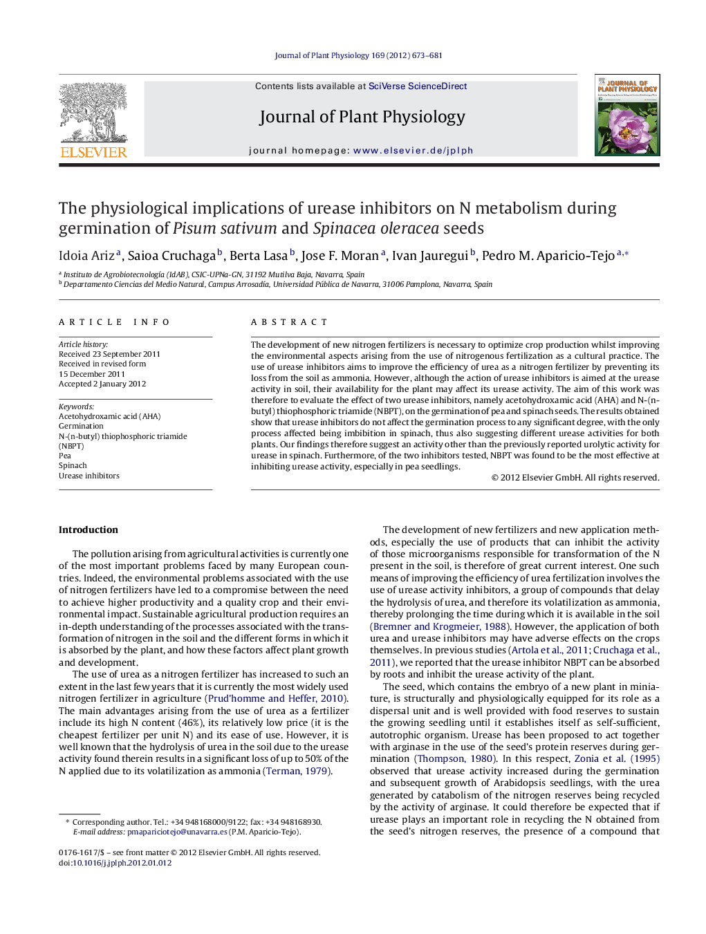 The physiological implications of urease inhibitors on N metabolism during germination of Pisum sativum and Spinacea oleracea seeds