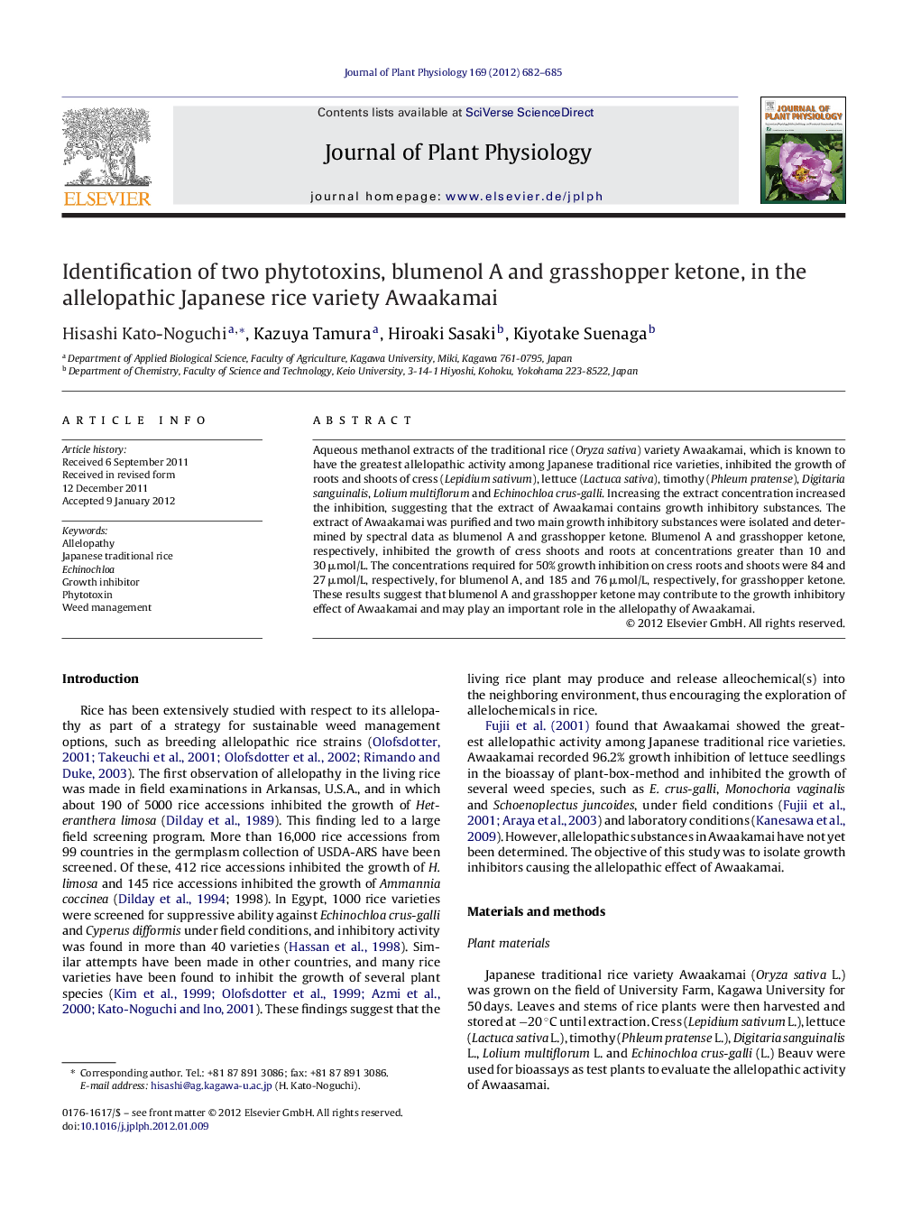 Identification of two phytotoxins, blumenol A and grasshopper ketone, in the allelopathic Japanese rice variety Awaakamai