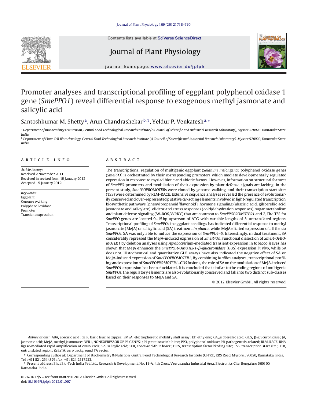 Promoter analyses and transcriptional profiling of eggplant polyphenol oxidase 1 gene (SmePPO1) reveal differential response to exogenous methyl jasmonate and salicylic acid