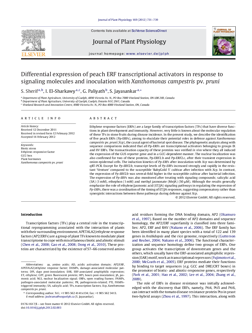 Differential expression of peach ERF transcriptional activators in response to signaling molecules and inoculation with Xanthomonas campestris pv. pruni