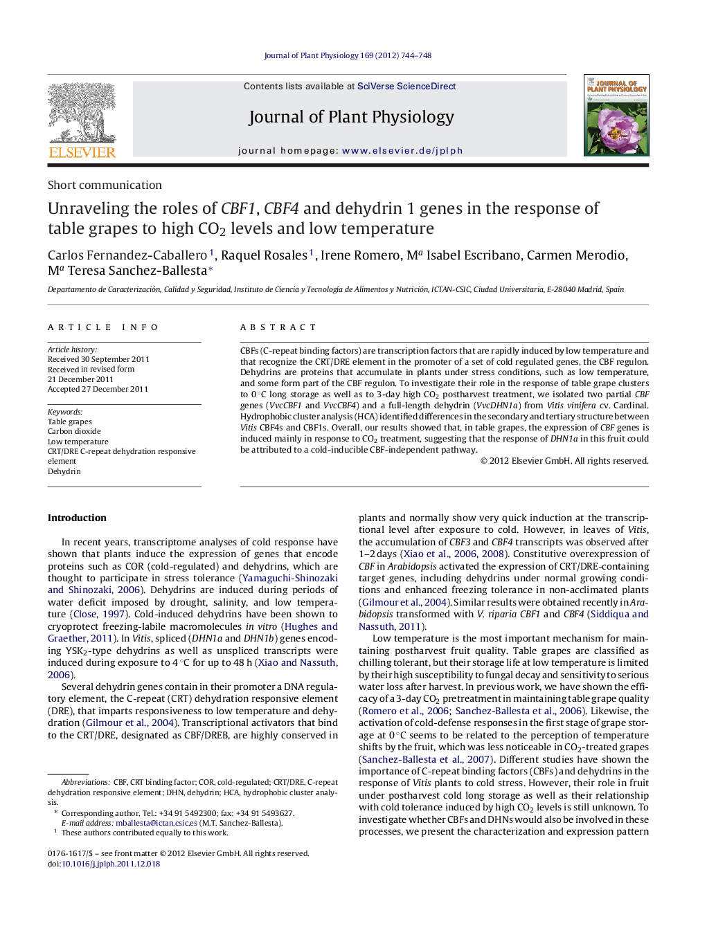 Unraveling the roles of CBF1, CBF4 and dehydrin 1 genes in the response of table grapes to high CO2 levels and low temperature