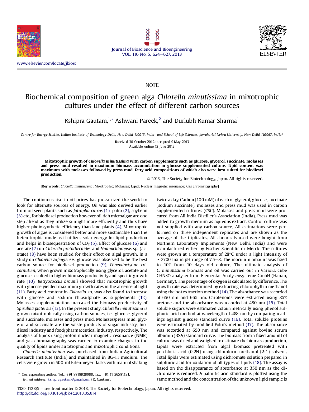 Biochemical composition of green alga Chlorella minutissima in mixotrophic cultures under the effect of different carbon sources