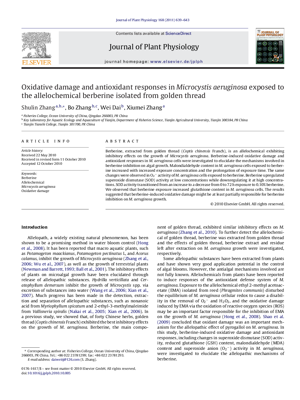 Oxidative damage and antioxidant responses in Microcystis aeruginosa exposed to the allelochemical berberine isolated from golden thread