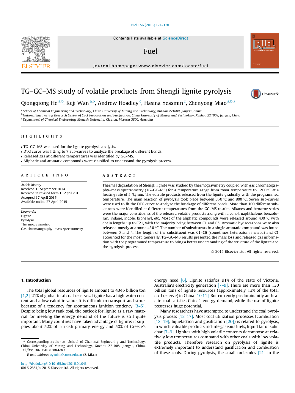 TG–GC–MS study of volatile products from Shengli lignite pyrolysis