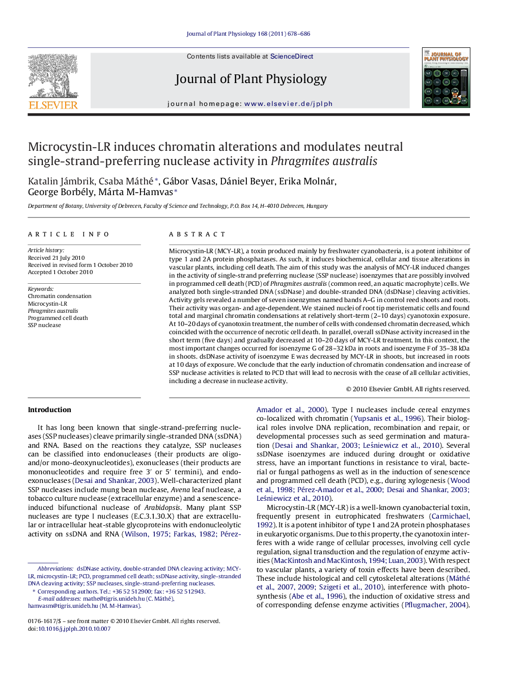 Microcystin-LR induces chromatin alterations and modulates neutral single-strand-preferring nuclease activity in Phragmites australis