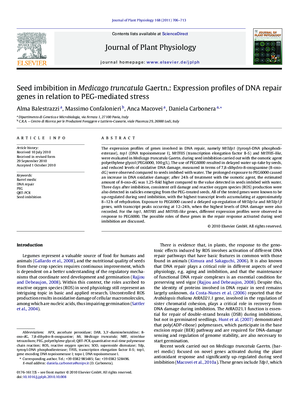 Seed imbibition in Medicago truncatula Gaertn.: Expression profiles of DNA repair genes in relation to PEG-mediated stress