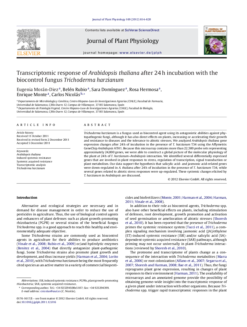 Transcriptomic response of Arabidopsis thaliana after 24 h incubation with the biocontrol fungus Trichoderma harzianum