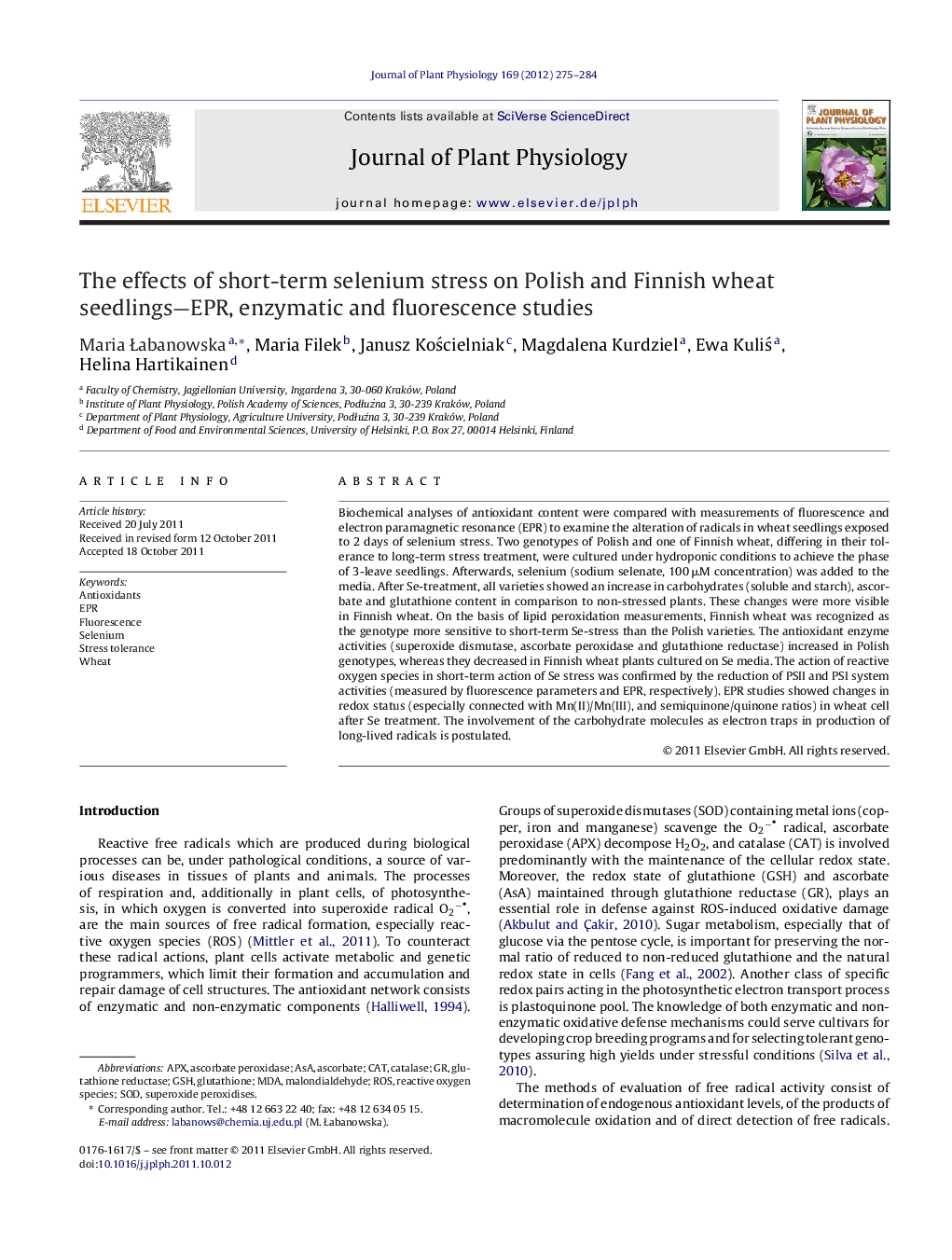 عکس صفحه اول مقاله: The effects of short-term selenium stress on Polish and Finnish wheat seedlings—EPR, enzymatic and fluorescence studies The effects of short-term selenium stress on Polish and Finnish wheat seedlings—EPR, enzymatic and fluorescence studies