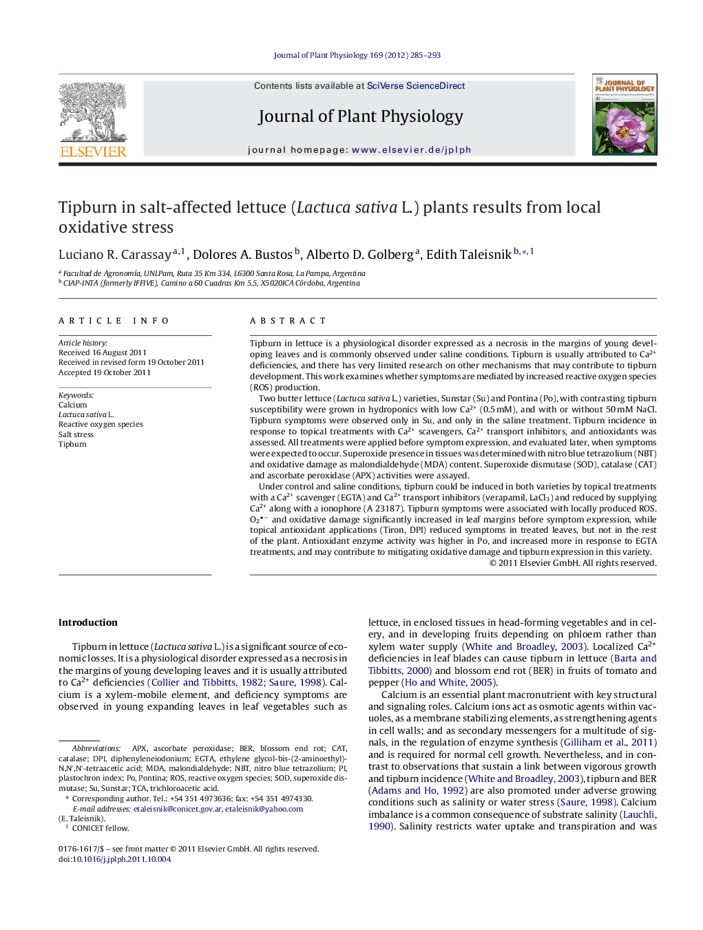 Tipburn in salt-affected lettuce (Lactuca sativa L.) plants results from local oxidative stress