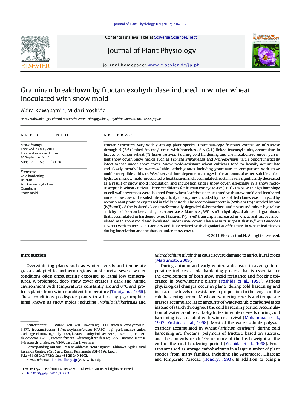 Graminan breakdown by fructan exohydrolase induced in winter wheat inoculated with snow mold