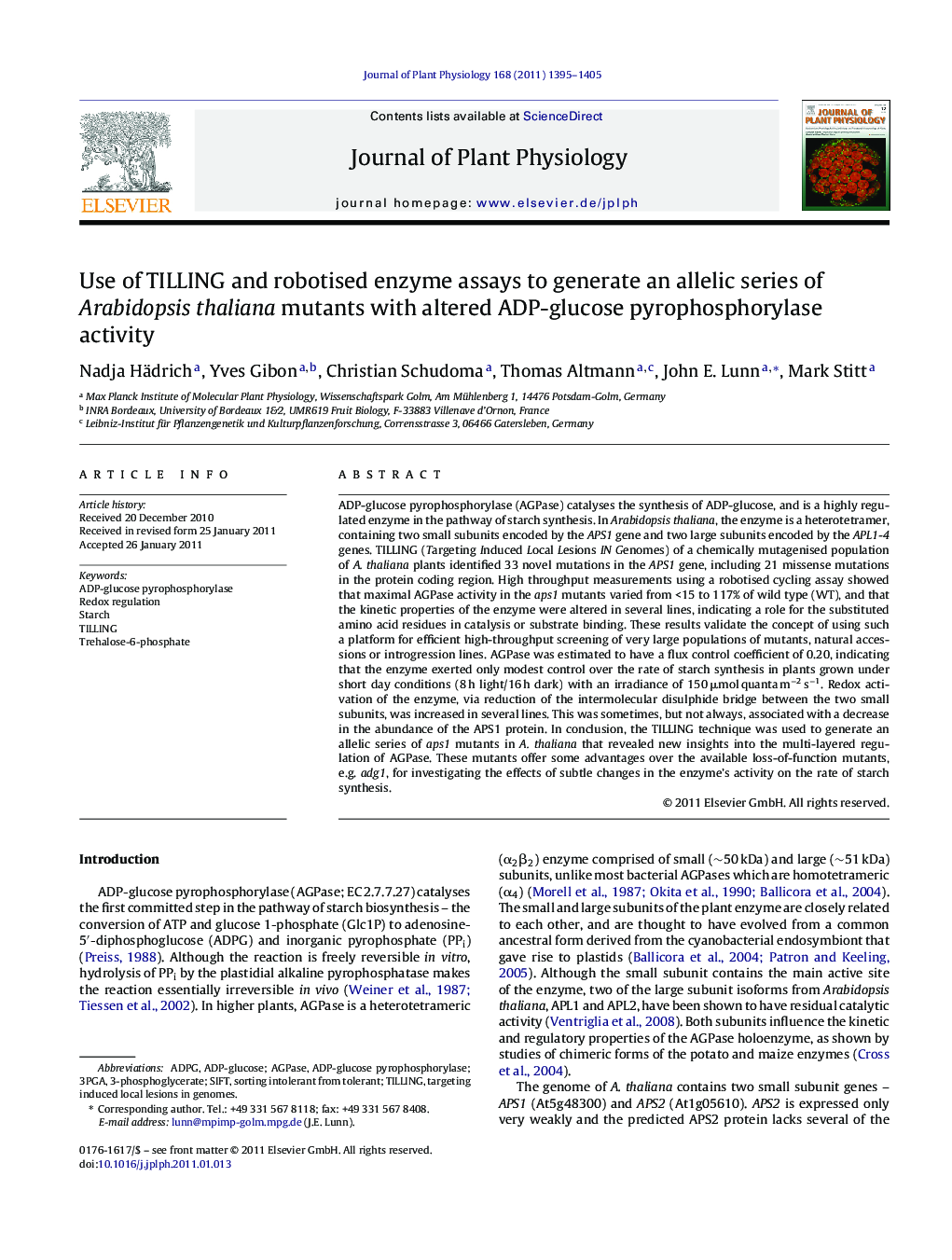 Use of TILLING and robotised enzyme assays to generate an allelic series of Arabidopsis thaliana mutants with altered ADP-glucose pyrophosphorylase activity