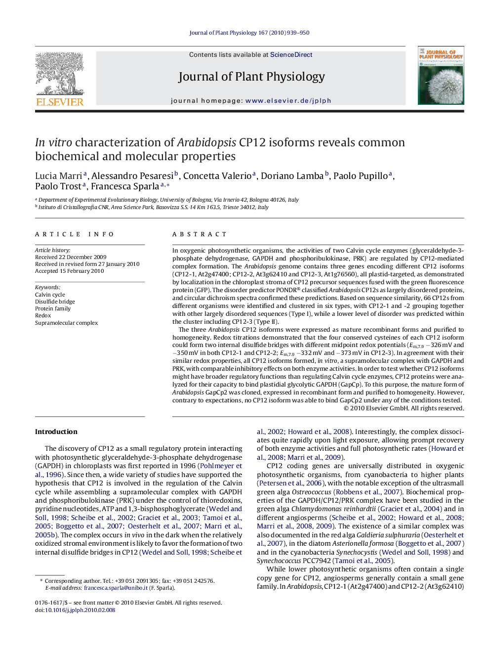 In vitro characterization of Arabidopsis CP12 isoforms reveals common biochemical and molecular properties