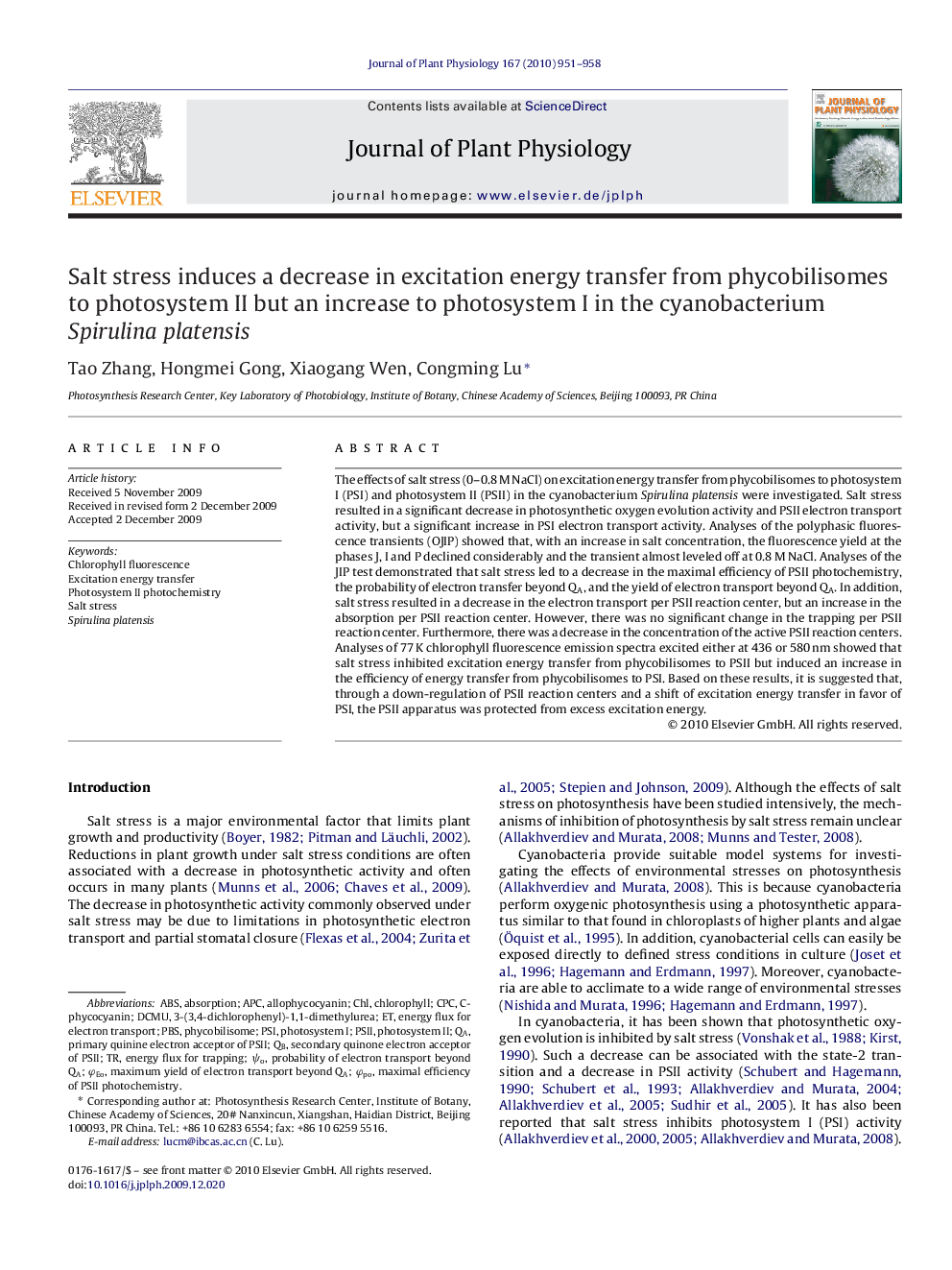 Salt stress induces a decrease in excitation energy transfer from phycobilisomes to photosystem II but an increase to photosystem I in the cyanobacterium Spirulina platensis