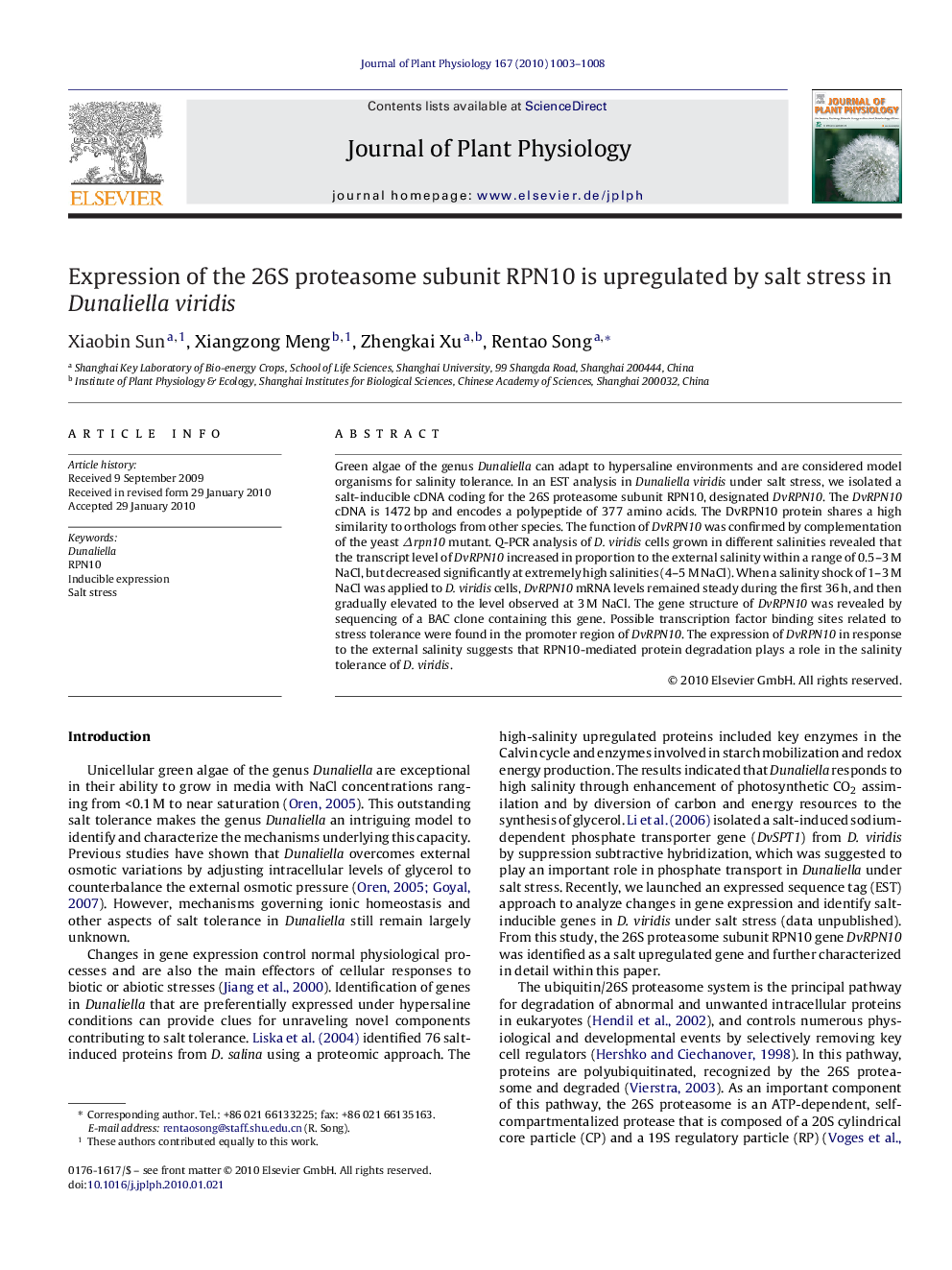 Expression of the 26S proteasome subunit RPN10 is upregulated by salt stress in Dunaliella viridis