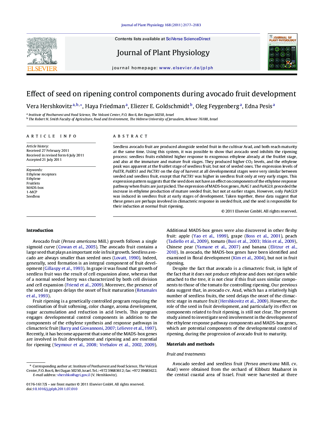 Effect of seed on ripening control components during avocado fruit development