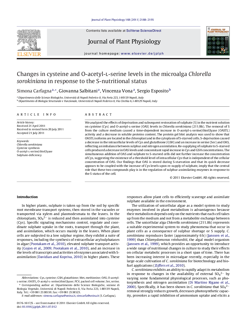 Changes in cysteine and O-acetyl-l-serine levels in the microalga Chlorella sorokiniana in response to the S-nutritional status