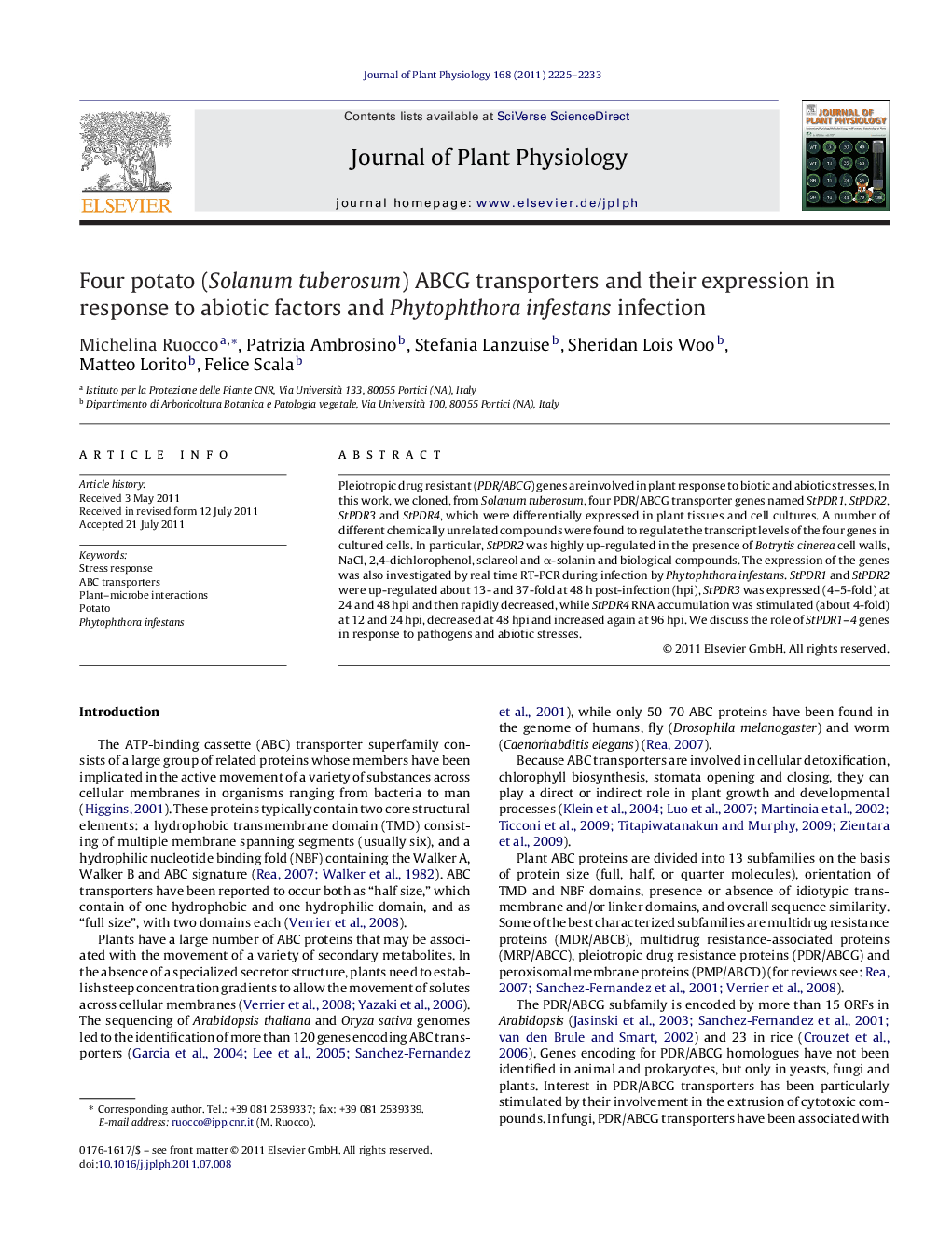 Four potato (Solanum tuberosum) ABCG transporters and their expression in response to abiotic factors and Phytophthora infestans infection