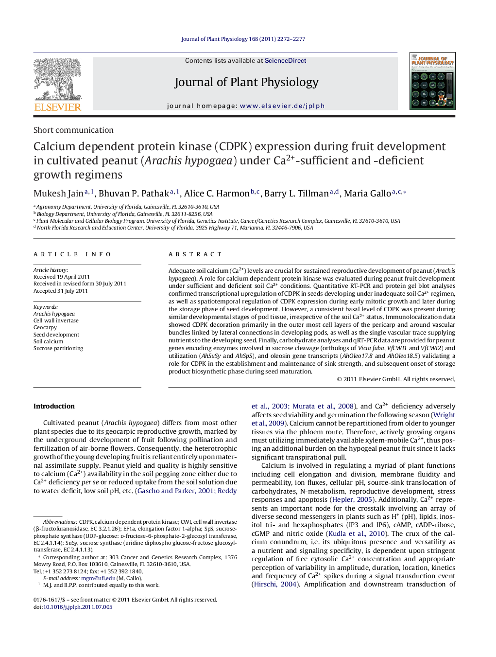Calcium dependent protein kinase (CDPK) expression during fruit development in cultivated peanut (Arachis hypogaea) under Ca2+-sufficient and -deficient growth regimens