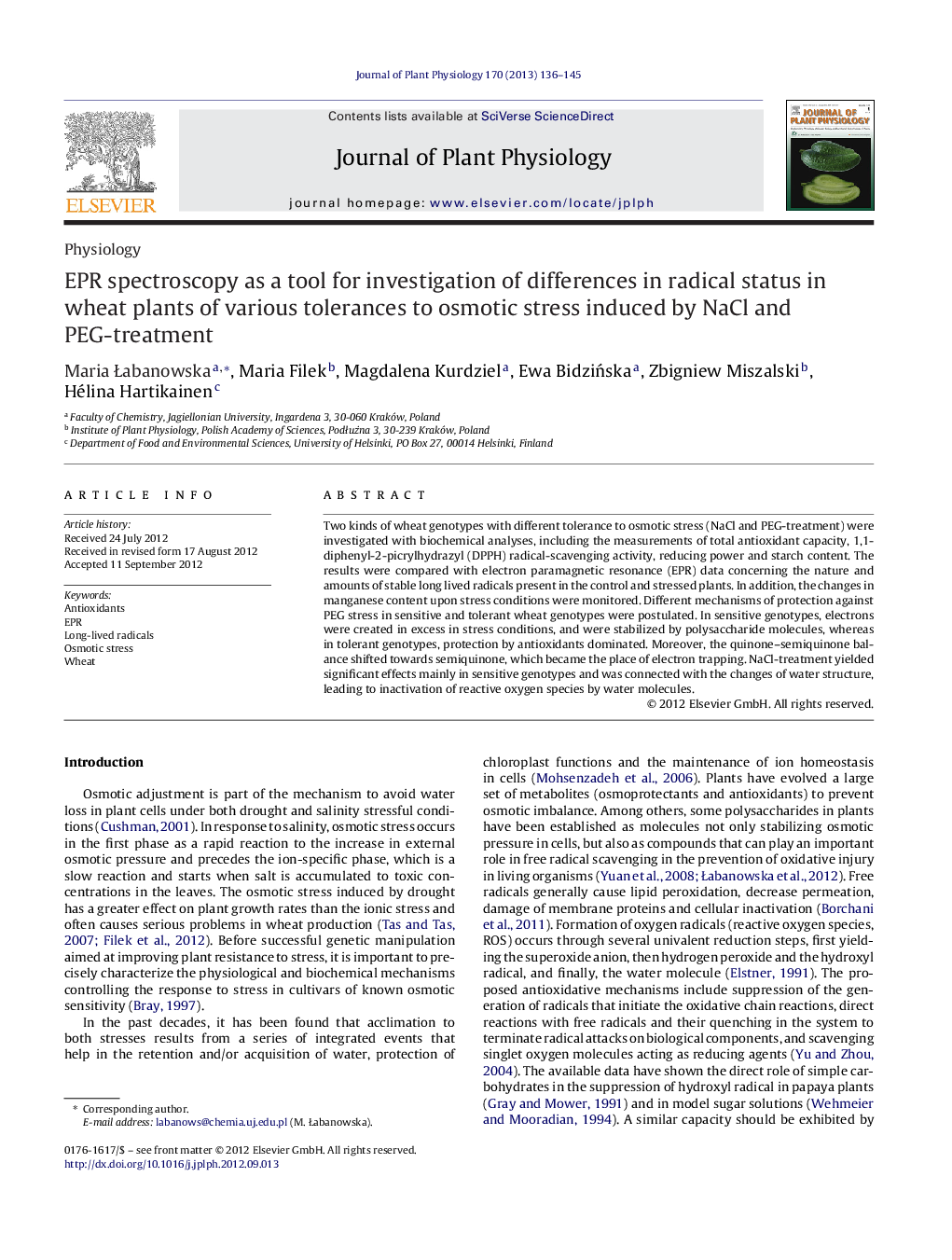 EPR spectroscopy as a tool for investigation of differences in radical status in wheat plants of various tolerances to osmotic stress induced by NaCl and PEG-treatment