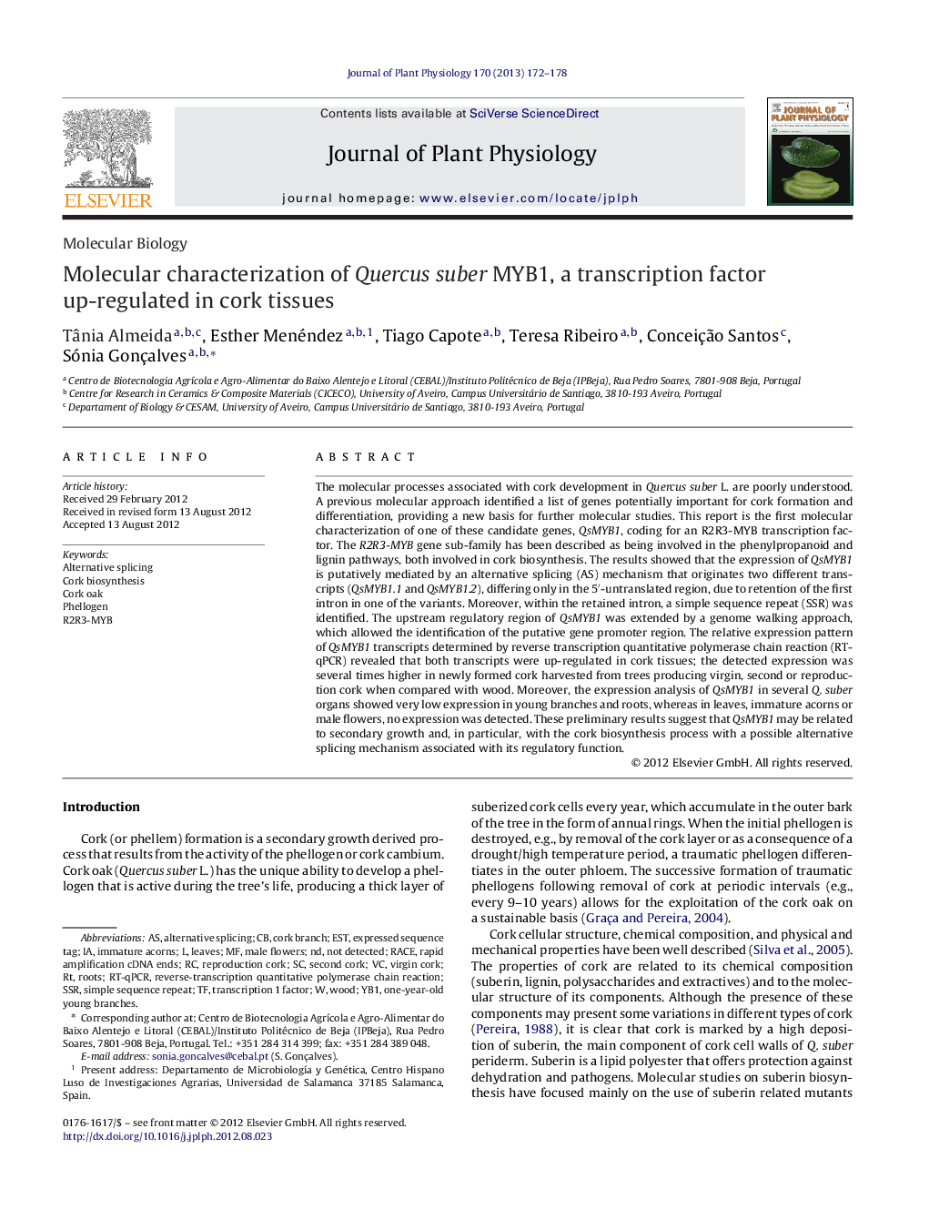 Molecular characterization of Quercus suber MYB1, a transcription factor up-regulated in cork tissues