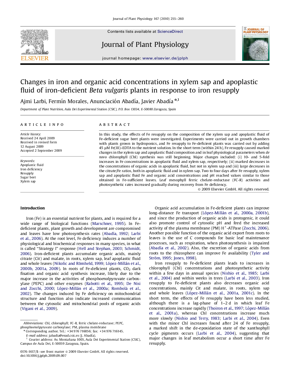 Changes in iron and organic acid concentrations in xylem sap and apoplastic fluid of iron-deficient Beta vulgaris plants in response to iron resupply