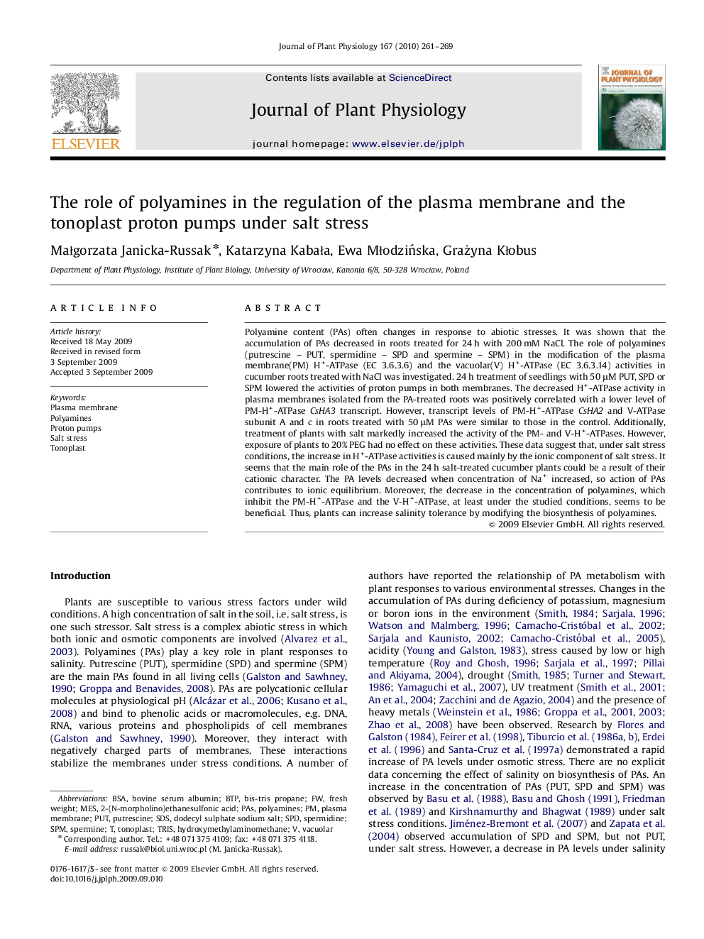 The role of polyamines in the regulation of the plasma membrane and the tonoplast proton pumps under salt stress