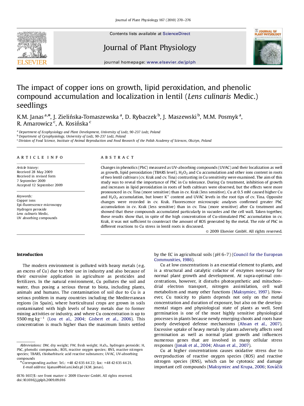 The impact of copper ions on growth, lipid peroxidation, and phenolic compound accumulation and localization in lentil (Lens culinaris Medic.) seedlings