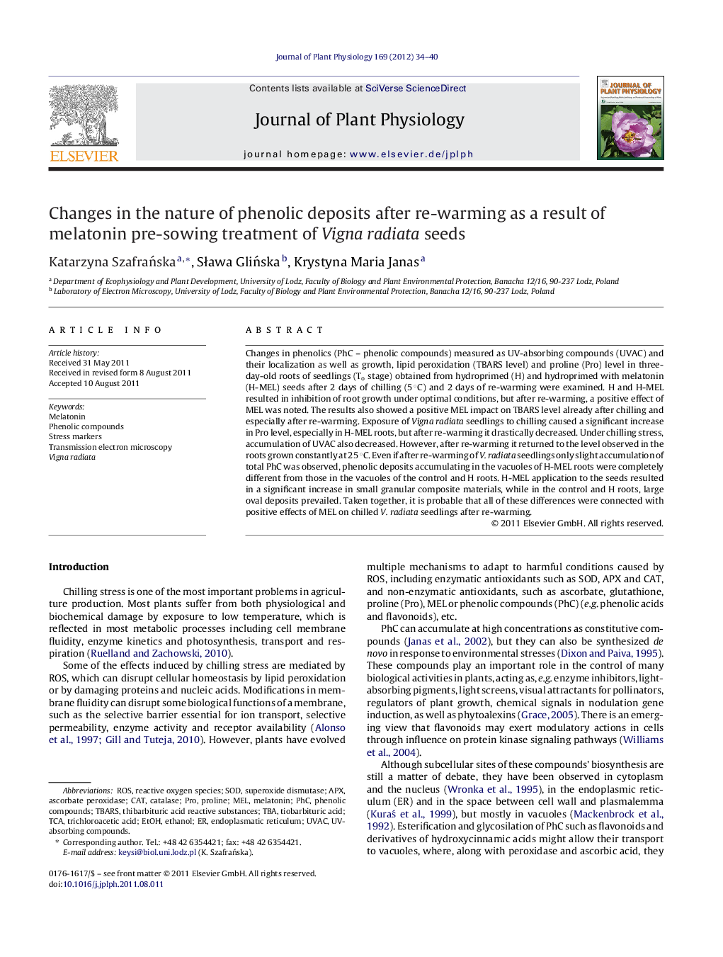 Changes in the nature of phenolic deposits after re-warming as a result of melatonin pre-sowing treatment of Vigna radiata seeds