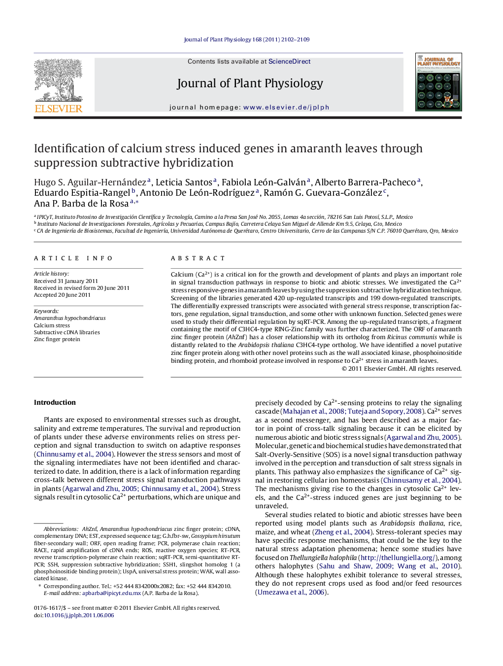 Identification of calcium stress induced genes in amaranth leaves through suppression subtractive hybridization