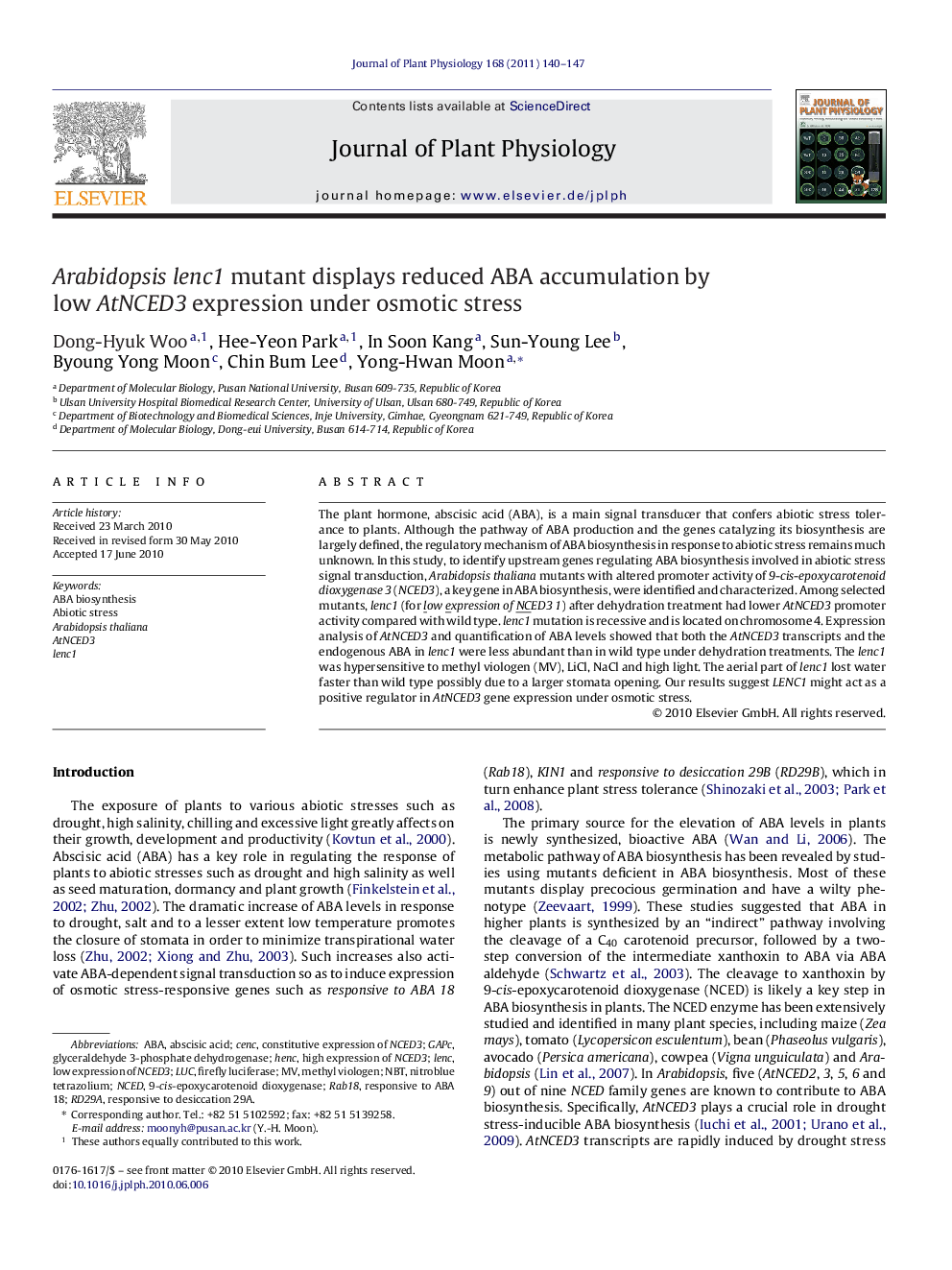 Arabidopsis lenc1 mutant displays reduced ABA accumulation by low AtNCED3 expression under osmotic stress