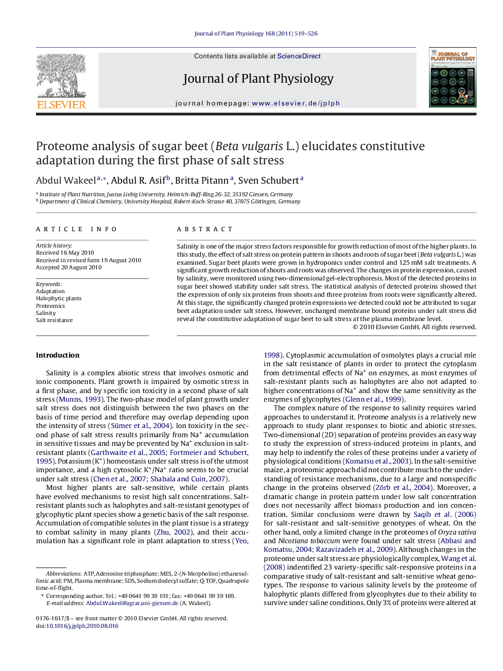 Proteome analysis of sugar beet (Beta vulgaris L.) elucidates constitutive adaptation during the first phase of salt stress