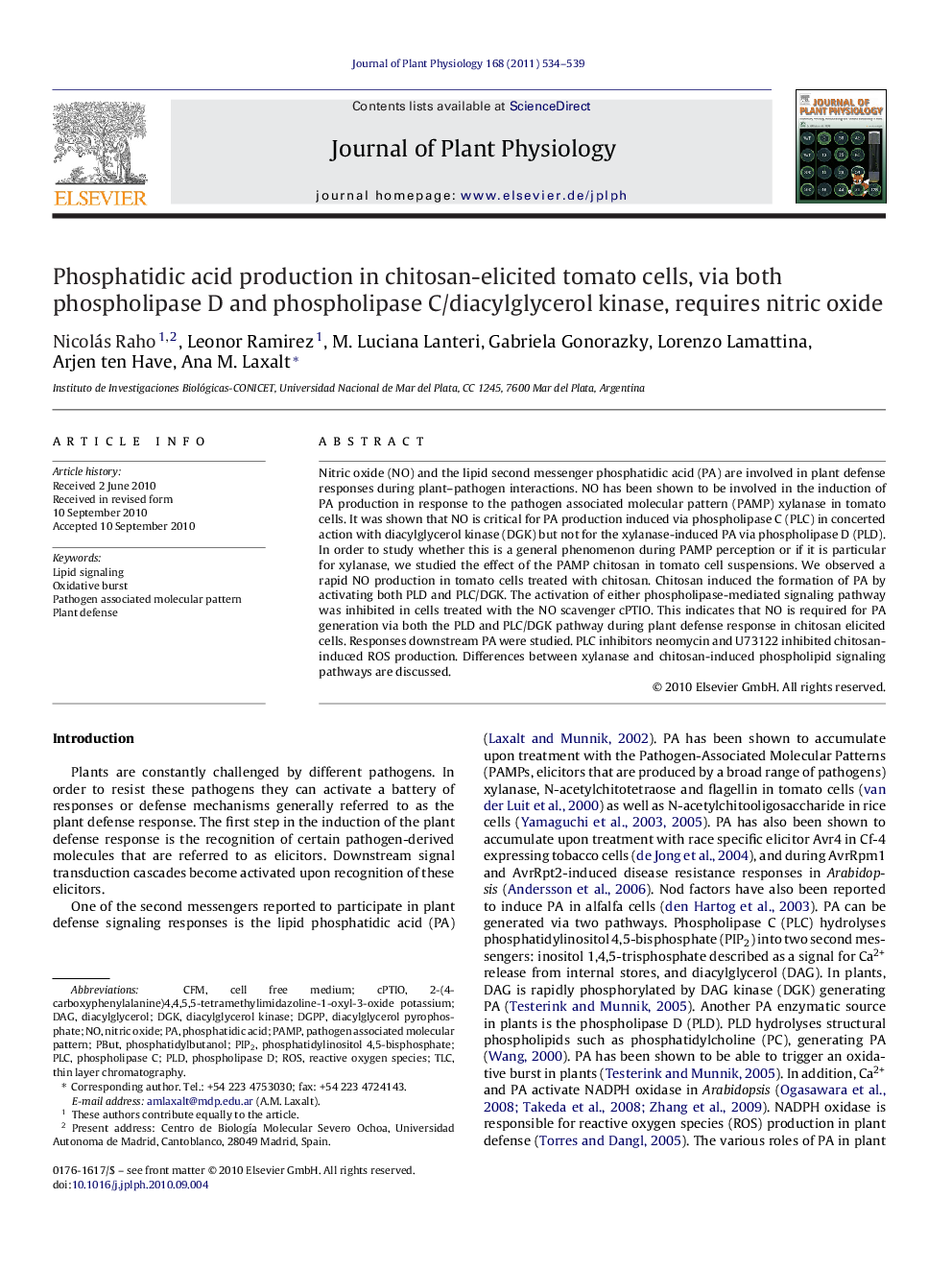 Phosphatidic acid production in chitosan-elicited tomato cells, via both phospholipase D and phospholipase C/diacylglycerol kinase, requires nitric oxide