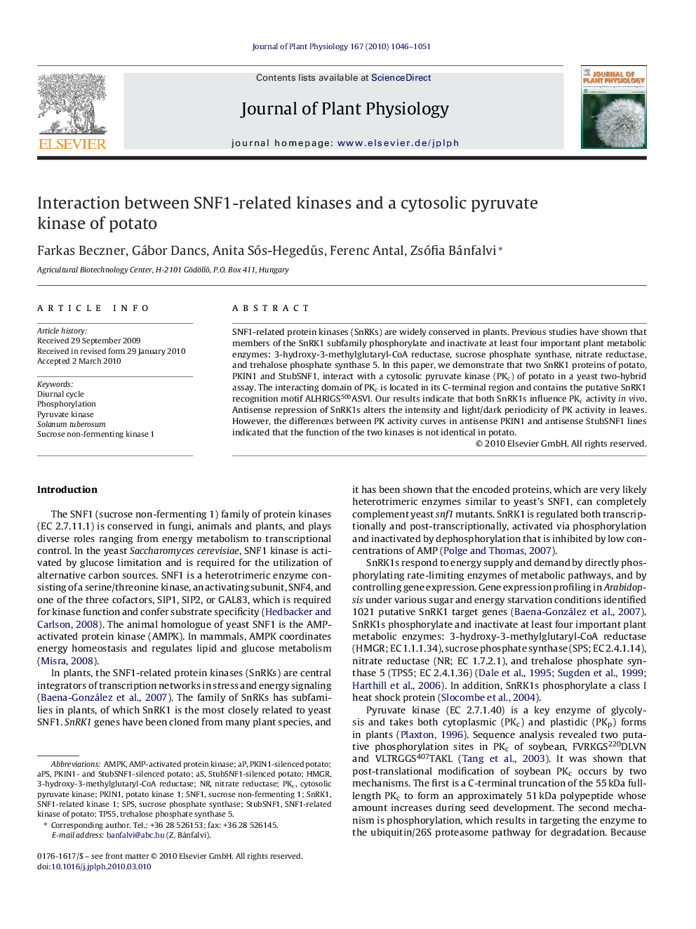 Interaction between SNF1-related kinases and a cytosolic pyruvate kinase of potato